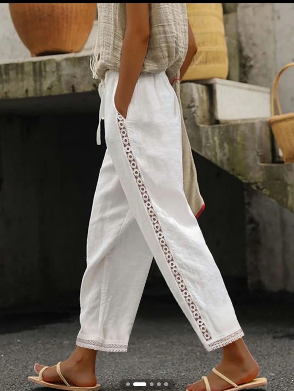 NWT Noracora  Lace Mesh Side Solid Drawstring Linen Blend Pants Size XXL